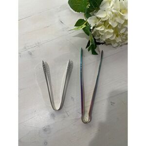 Rainbow Serving Tongs & Stainless Steel Silver Mini‎ Kitchen Tongs Set of 2